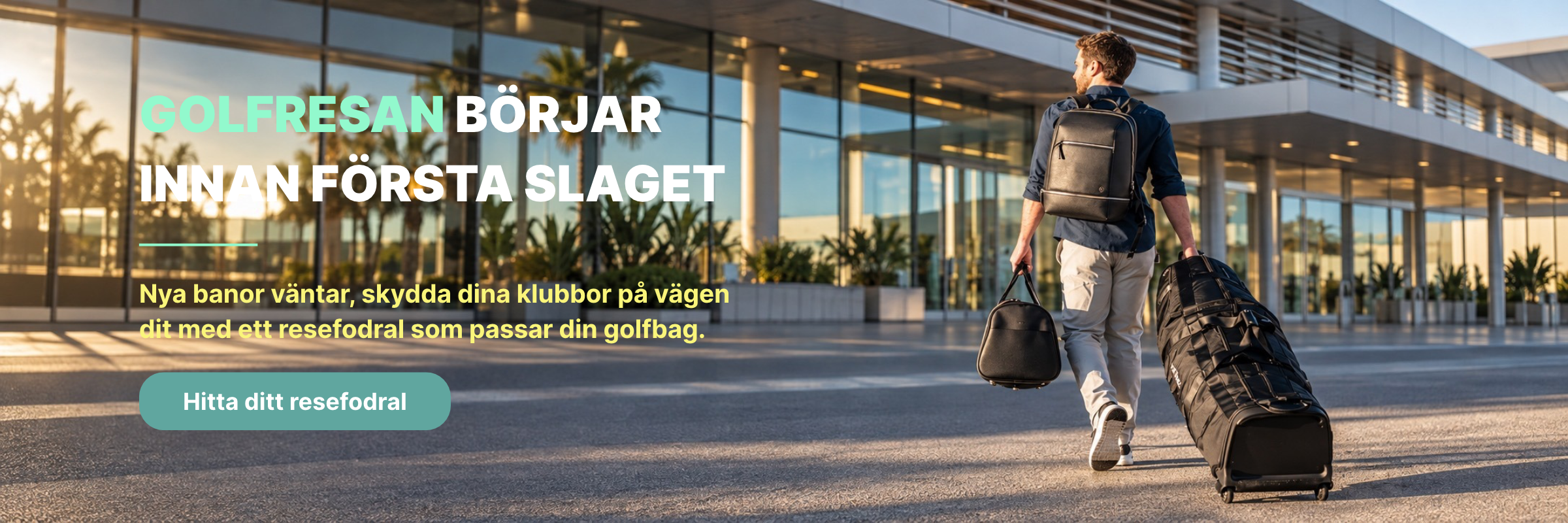 golfspelare på väg till flygplatsen med sin golfbag i ett resefodral