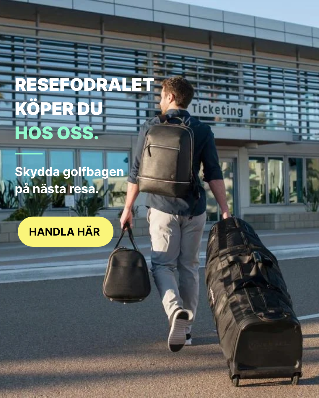 golfspelare på väg till flygplatsen med sin golfbag i ett resefodral
