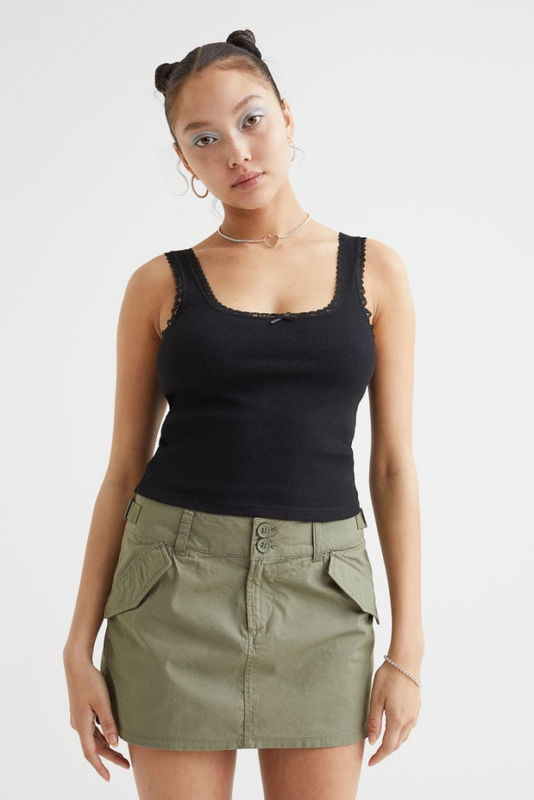 Lace-trimmed pointelle vest top