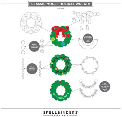 Spellbinders - Etched Dies - Classic Mouse Holiday Wreath S6-265 + Embellishments S4-1496