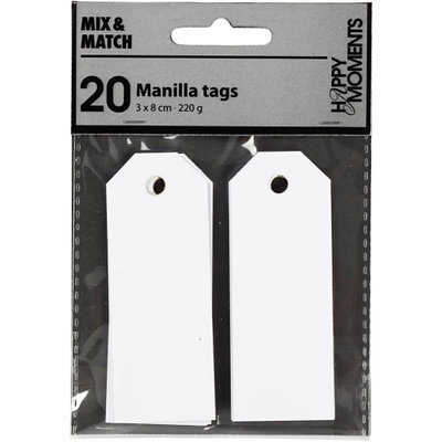 Manillamärken, vita, 3x8 cm, 20-pack