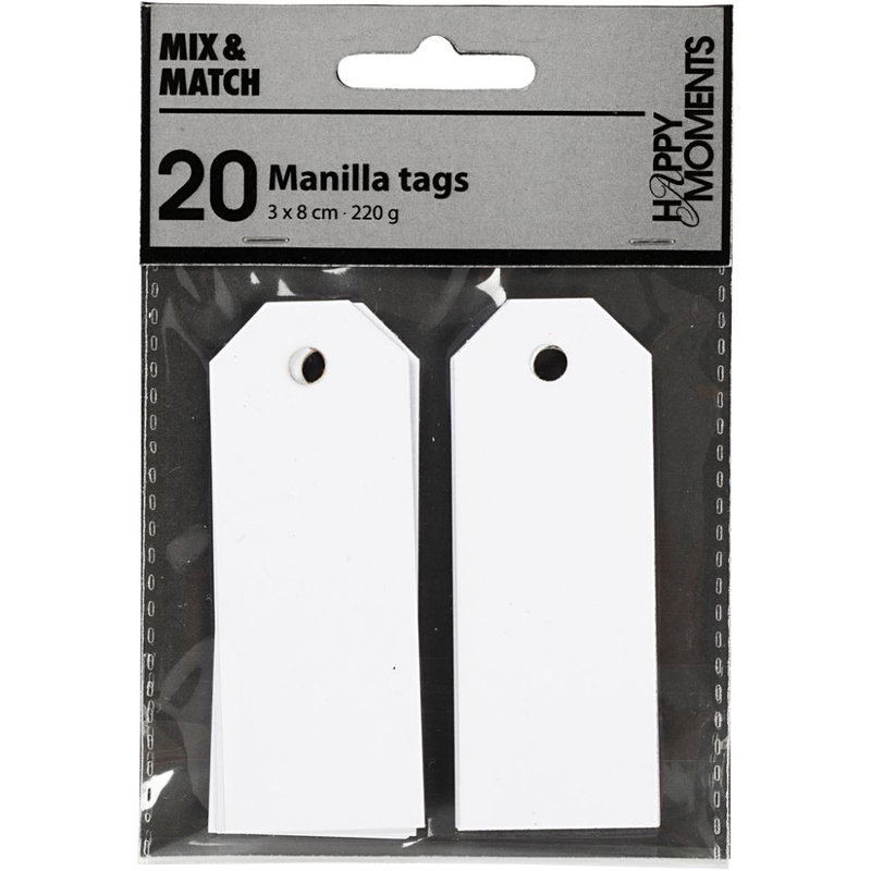 Manillamärken, vita, 3x8 cm, 20-pack
