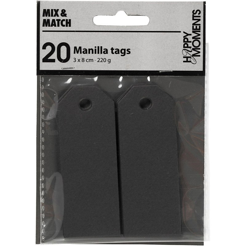 Manillamärken, svarta, 3x8 cm, 20-pack