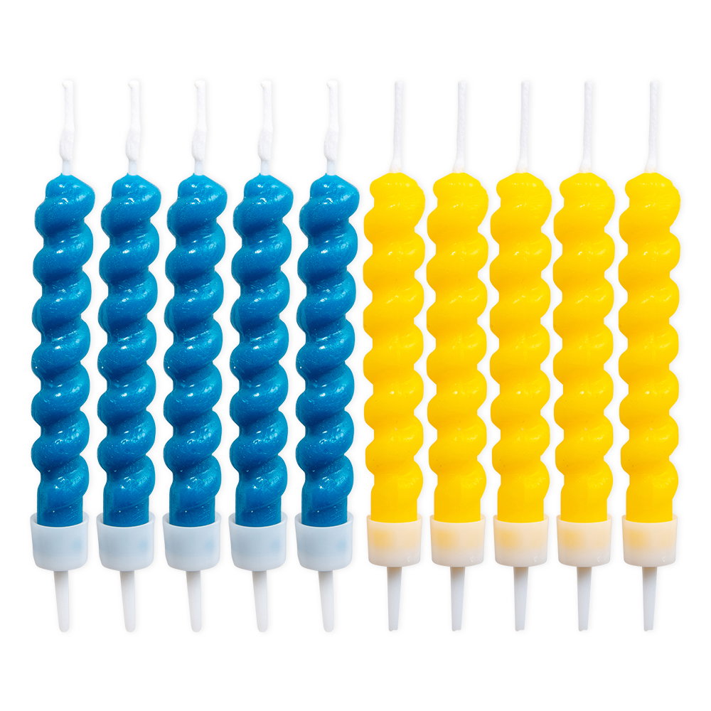 Tårtljus, curl blå/gul mix, 10-pack