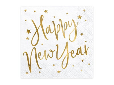 Ingår i Nyårsdekoration Paket Guldglans: Vita Happy New Year-servetter, 20-pack, 33 × 33 cm utvikta