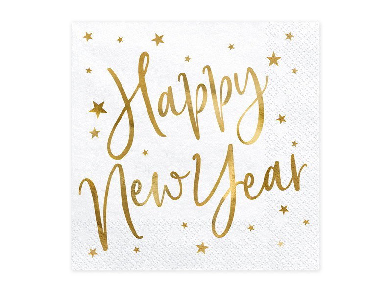 Ingår i Nyårsdekoration Paket Guldglans: Vita Happy New Year-servetter, 20-pack, 33 × 33 cm utvikta