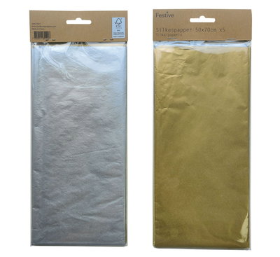 Silkespapper, guld & silver, 50x70 cm, 5 ark
