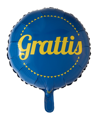 Folieballong, rund, Grattis, blå-gul
