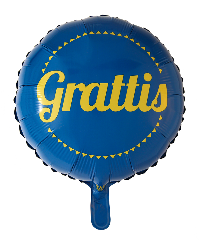 Folieballong, rund, Grattis, blå-gul
