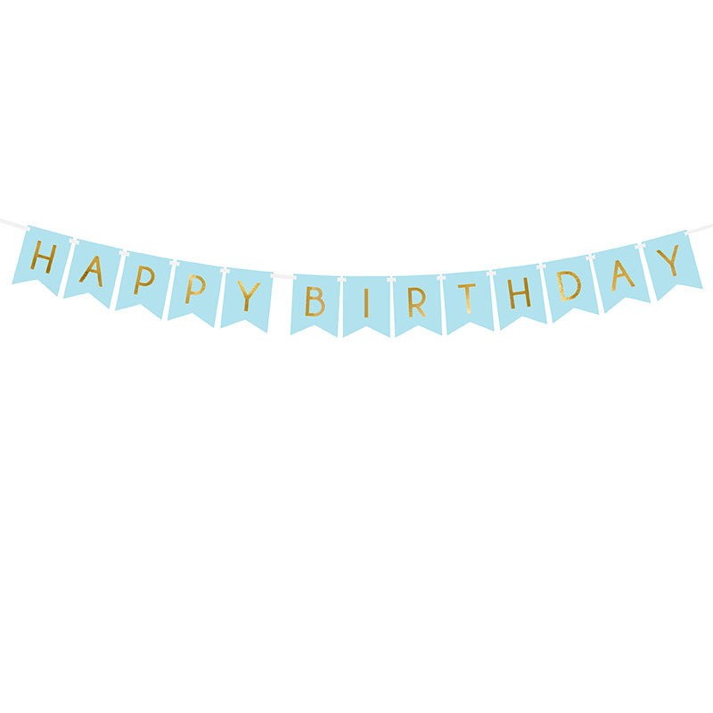 Ingår: Happy Birthday-vimpel, ljusblå med guldbokstäver