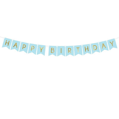 Ingår: Happy Birthday-vimpel, ljusblå med guldbokstäver