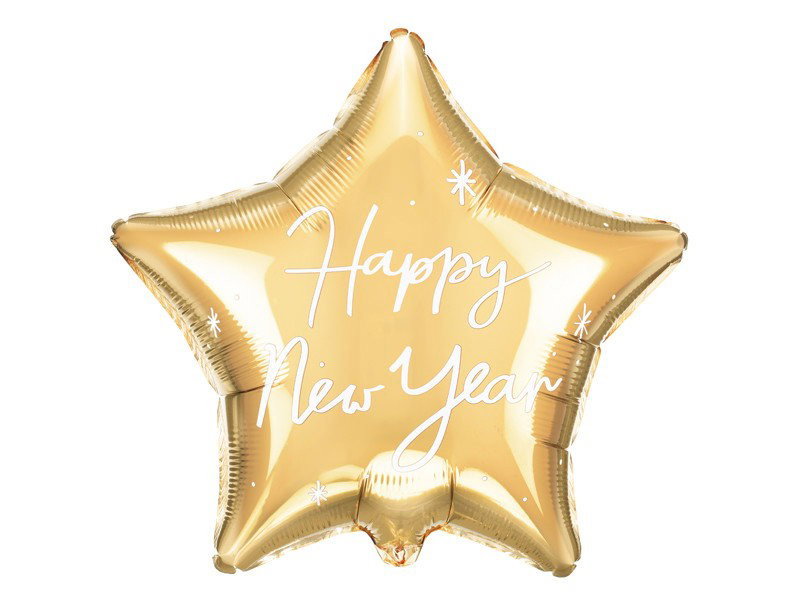 Ingår i Nyårsdekoration Paket Guldglans: Guldfärgad stjärnfolieballong med Happy New Year, ca 38 × 44 cm