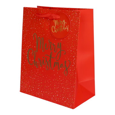 Presentpåse, Merry Christmas, röd, 18 x 23 x 10 cm