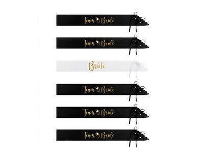 Sash, Bride & Team Bride, sort/hvid, 6-pak