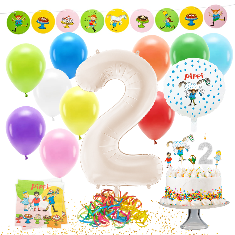 Pippi Långstrump kalaspaket för 2-årskalas – färgglada dekorationer och tillbehör.