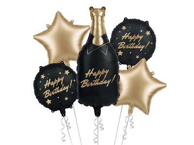 Folieballongset, Flaska Happy Birthday, svart och guld, 5 delar