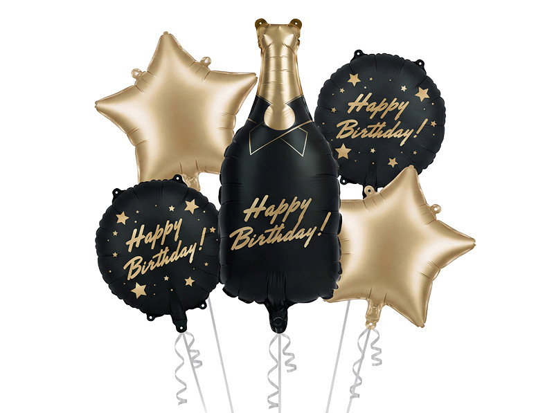 Folieballongset, Flaska Happy Birthday, svart och guld, 5 delar