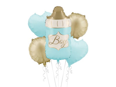 Folieballongset, Baby Bottle Boy, blå och guld, 5 delar