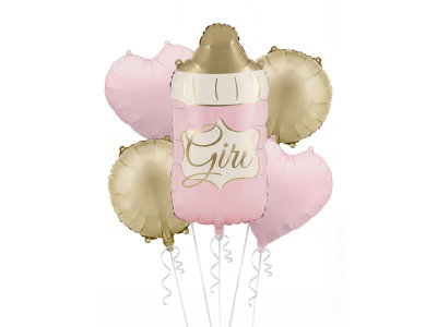 Folieballongset, Baby Bottle Girl, rosa och guld, 5 delar