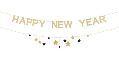Ingår i Nyårsdekoration Paket Guldglans: Happy New Year-banner, ca 3 m, med matchande stjärngirlang