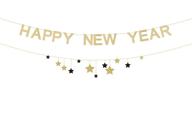 Ingår i Nyårsdekoration Paket Guldglans: Happy New Year-banner, ca 3 m, med matchande stjärngirlang