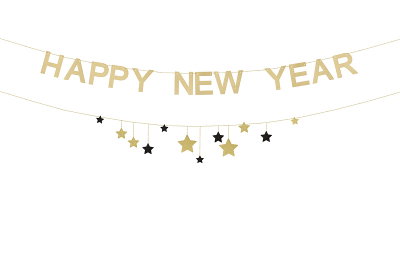 Banner, Happy New Year med stjärnor, guld, 300 cm