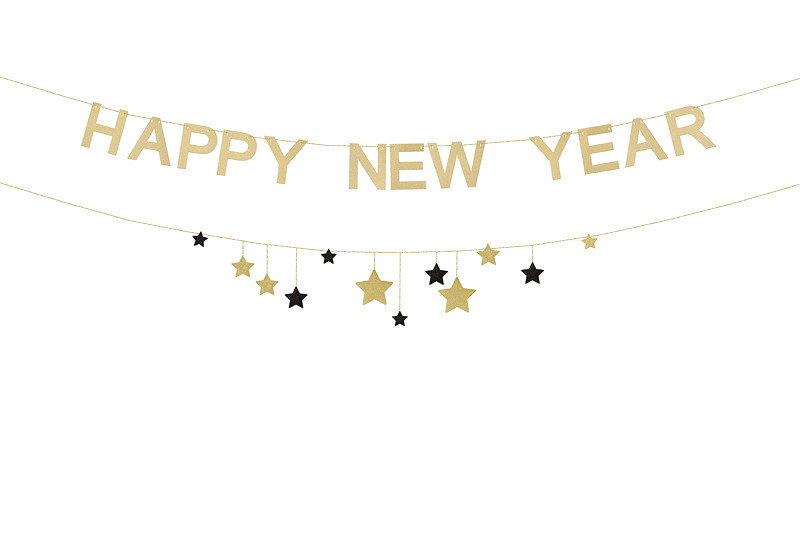 Banner, Happy New Year med stjärnor, guld, 300 cm