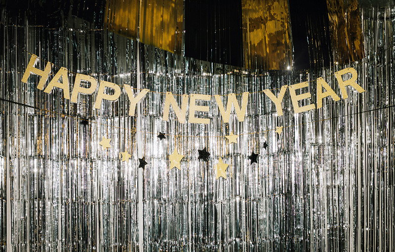 Banner, Happy New Year med stjärnor, guld, 300 cm
