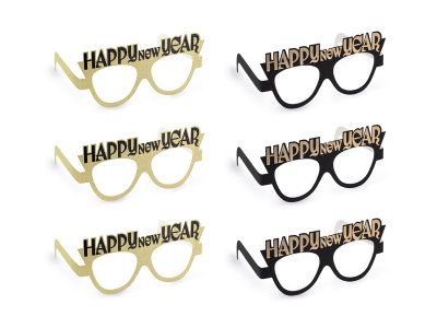 Glasögon, Happy New Year, svart och guld, 6-pack