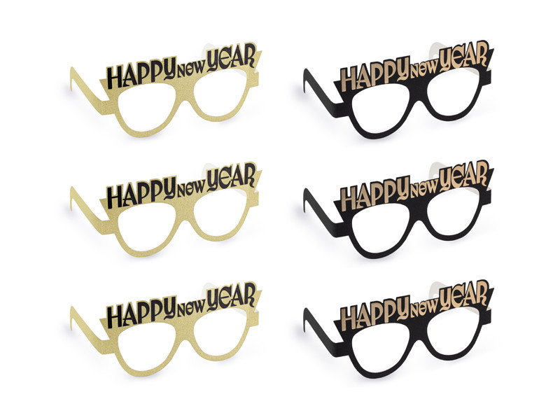 Glasögon, Happy New Year, svart och guld, 6-pack