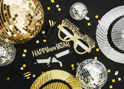 Glasögon, Happy New Year, svart och guld, 6-pack