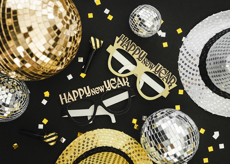 Glasögon, Happy New Year, svart och guld, 6-pack