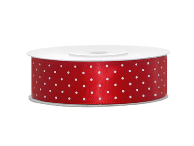 Satinband, rött med vita prickar
