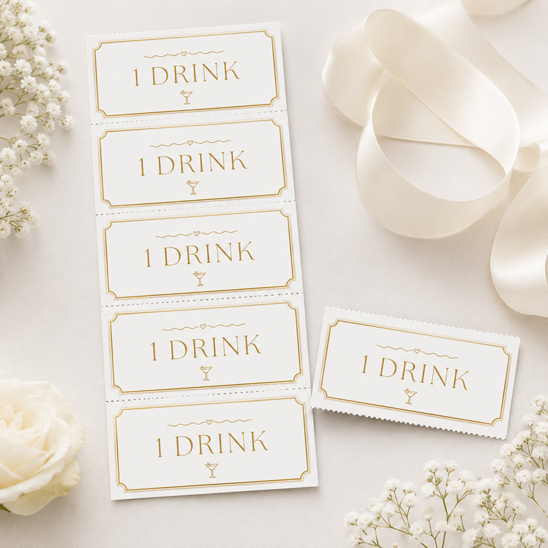 Drinkbiljetter, vit/guld, 10 ark, 60 kuponger