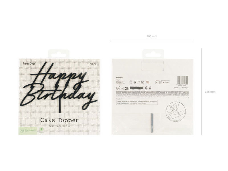 Kagetopper, Happy Birthday, sort, 16,5 cm