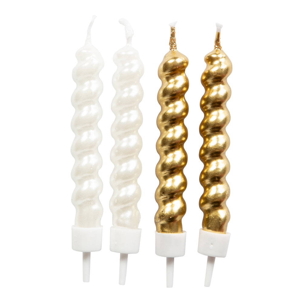 Tårtljus, curl guld och vitt, 8-pack