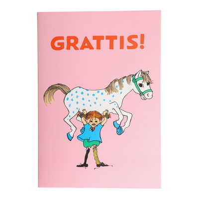 Grattiskort med Pippi Långstrump som lyfter sin häst, rosa bakgrund, med kuvert.