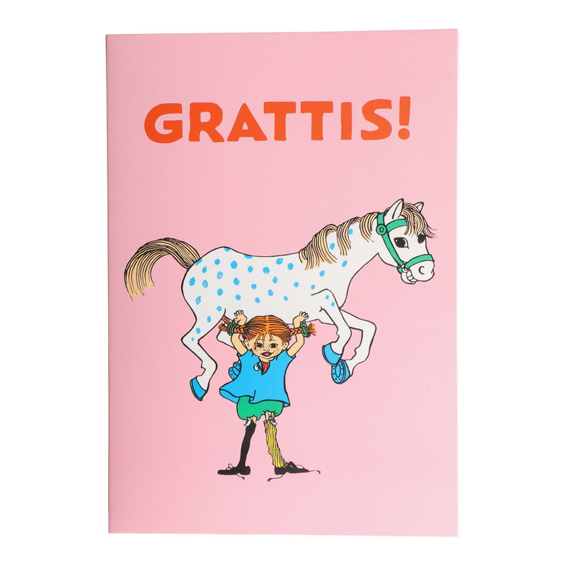Grattiskort med Pippi Långstrump som lyfter sin häst, rosa bakgrund, med kuvert.