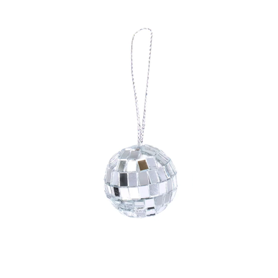 Mini discokula i silver för nissedörr, hängande i snöre