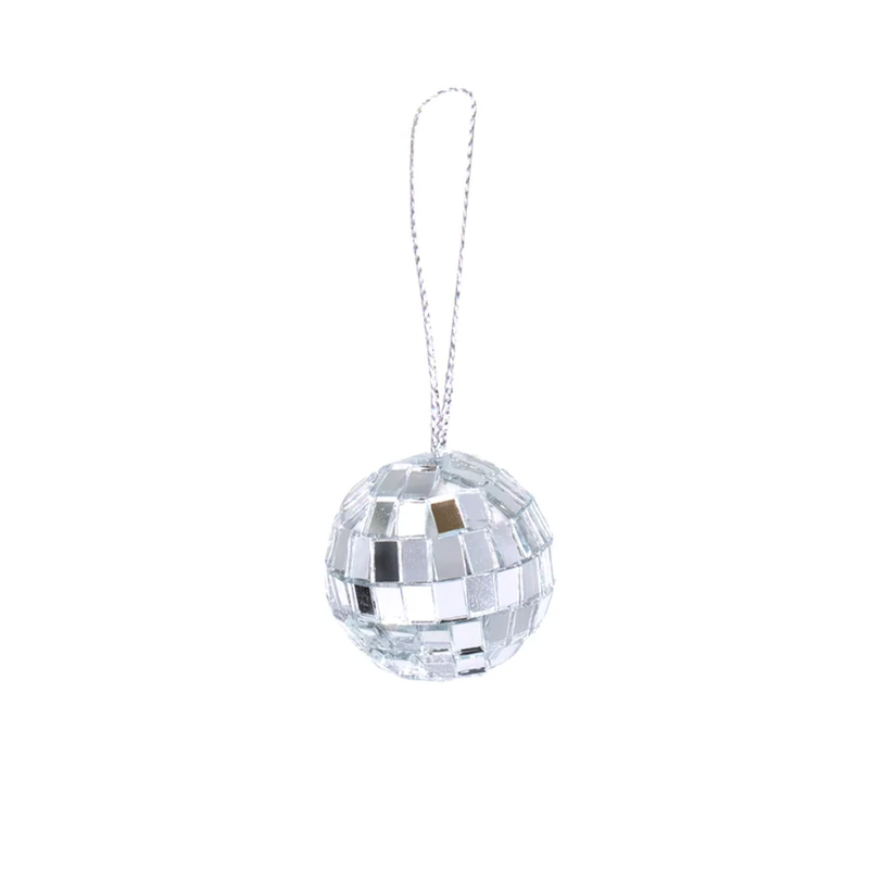 Mini discokula i silver för nissedörr, hängande i snöre