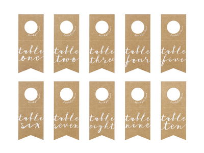 Numéros de table, étiquettes bouteille, kraft, 10 pcs