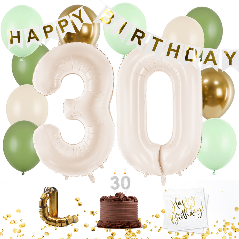Dekorationskit för 30-årsfest i gröna, beige och guld-färger