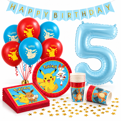 Pokémon 5-års kalaspaket med dukning, ballonger, vimpel, konfetti och blå sifferballong 5