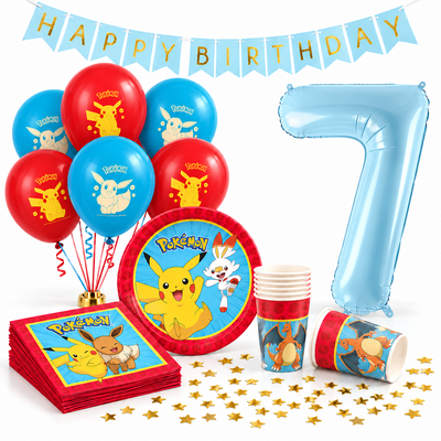 Pokémon 7-års kalaspaket med dukning, ballonger, vimpel, konfetti och blå sifferballong 7