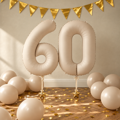 Elegant 60-årsdekoration med greige sifferballonger 60, hasselnötsfärgade ballonger och gulddetaljer