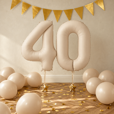 Elegant 40-årsdekoration med greige sifferballonger 40, hasselnötsfärgade ballonger och gulddetaljer