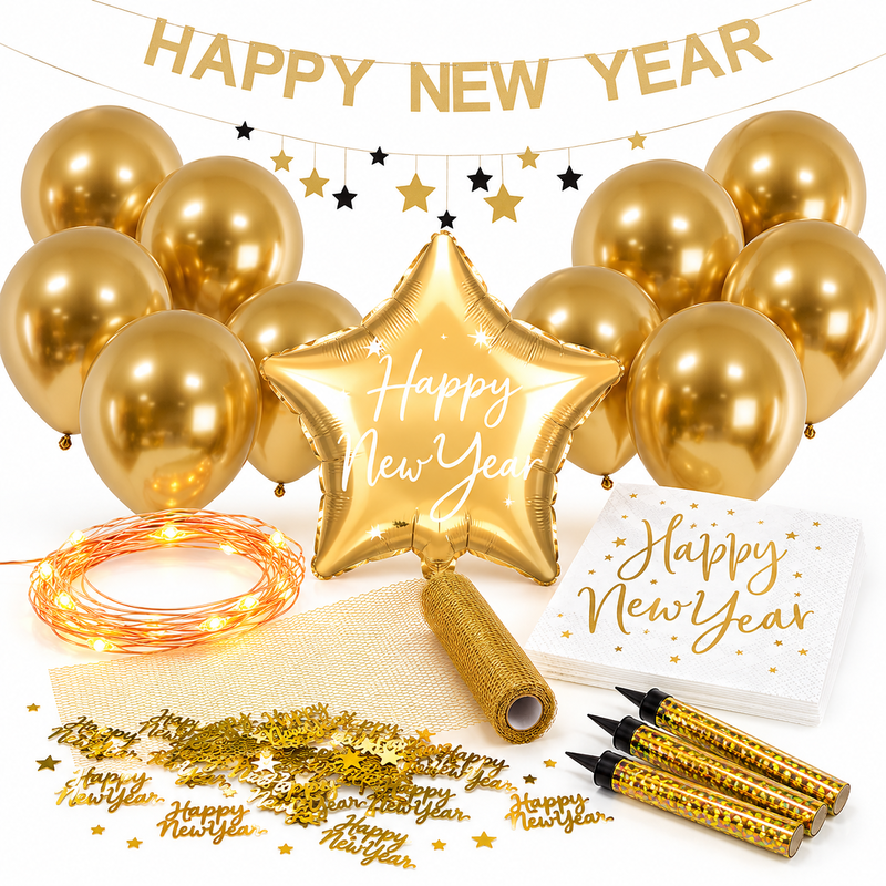 Nyårsdekoration Paket Guldglans med Happy New Year-banner, guldfärgade ballonger, stjärnballong, LED-slinga, servetter, konfetti och isfacklor