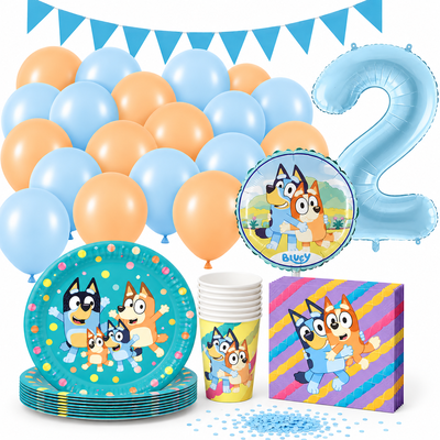 Bluey 2-års kalaspaket med blå sifferballong 2, Bluey & Bingo-folieballong, flaggvimpel, tallrikar, muggar, servetter, ballonger och konfetti