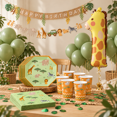 Inspiration: uppdukat 1-årskalas med safaridjur, gröna ballonger och giraffballong