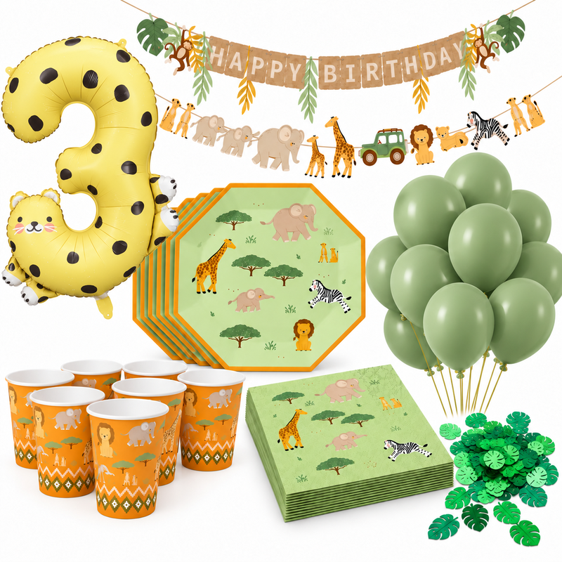 3-års kalas kit Safari med sifferballong 3, safari-dukning, girlanger, ballonger och konfetti